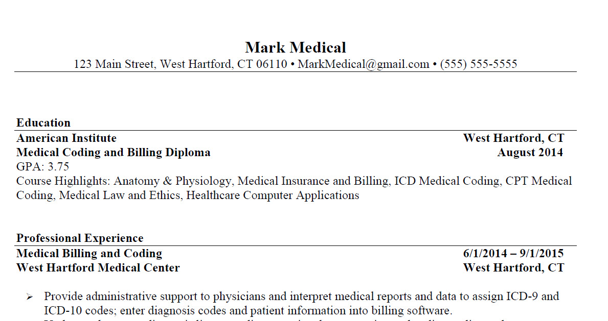 Medical Coding and Billing Resume Sample 1